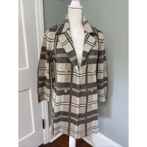 Anne Klein Plaid Jacquard Coatigan Small Sweater Beige Office Everyday Academia